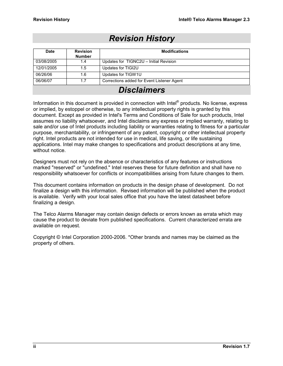 Revision history, Disclaimers | Kontron Telco Alarm Manager User Manual | Page 2 / 16