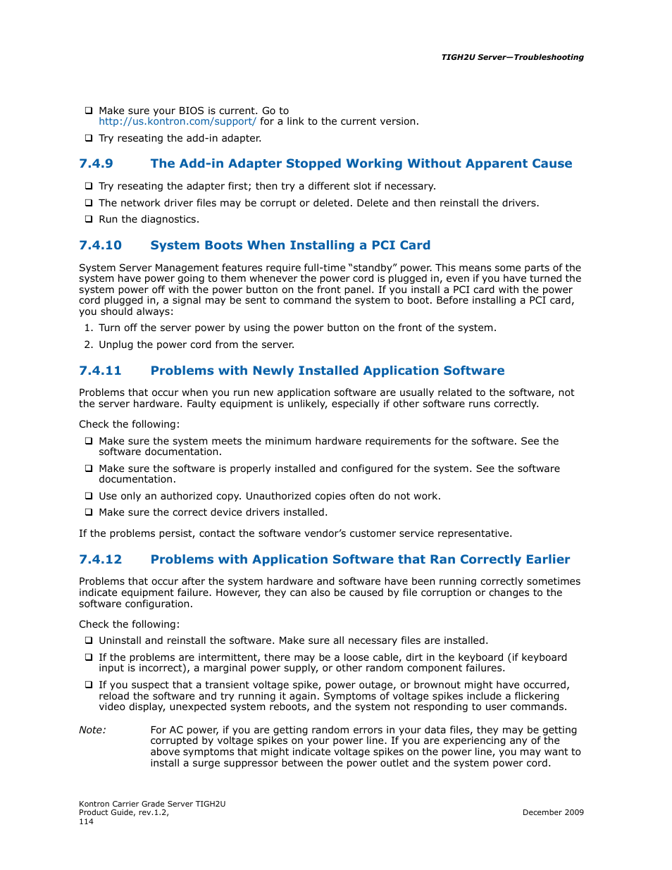 10 system boots when installing a pci card, Are application, see, Section 7.4.11 | Problems with newly installed application, Software | Kontron TIGH2U Carrier Grade Server User Manual | Page 114 / 132