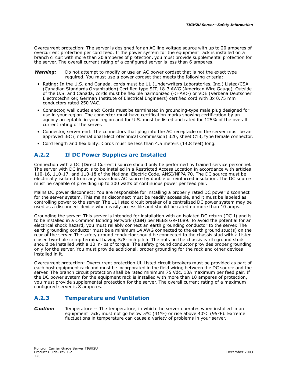 A.2.2 if dc power supplies are installed, A.2.3 temperature and ventilation | Kontron TIGH2U Carrier Grade Server User Manual | Page 120 / 132