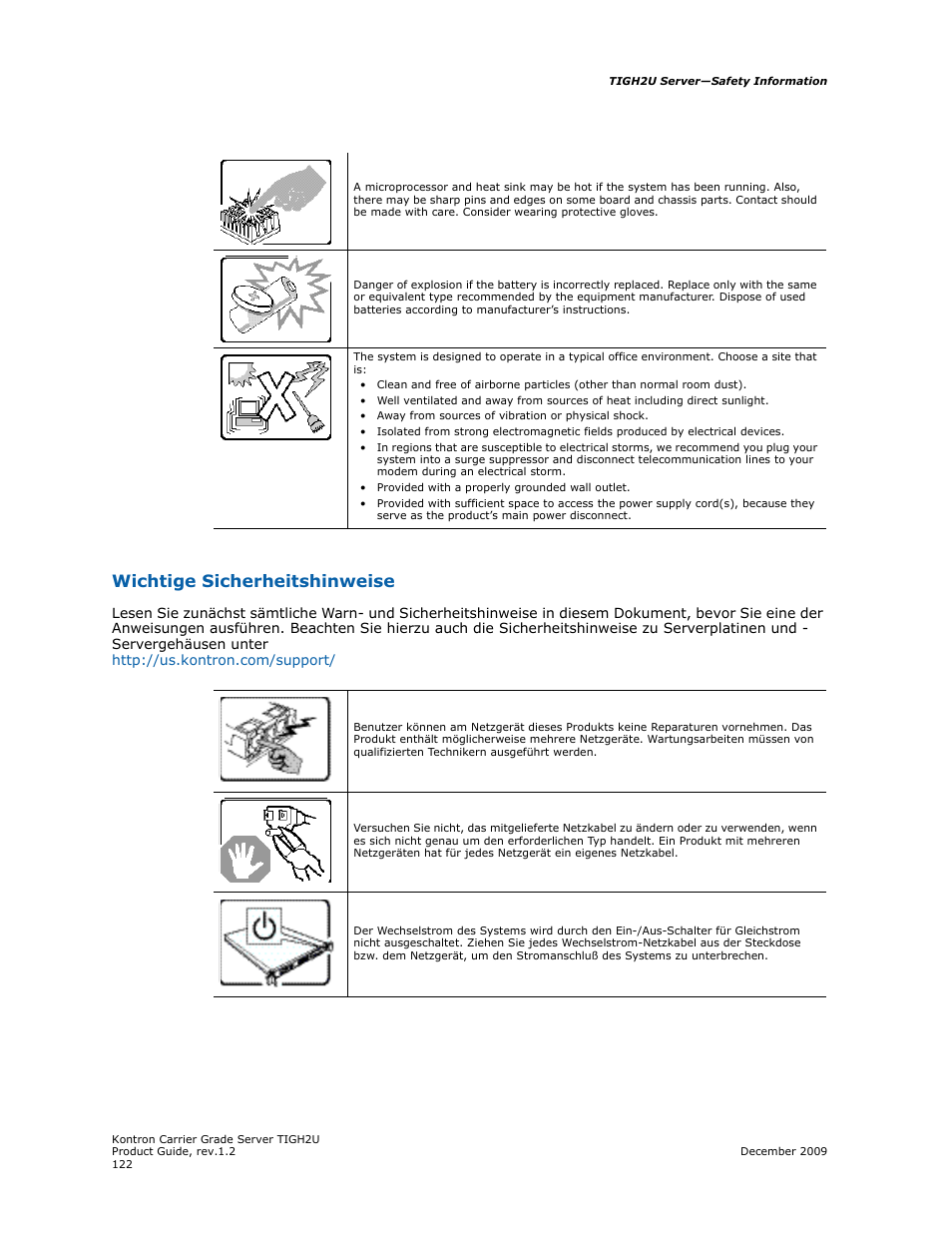 Wichtige sicherheitshinweise | Kontron TIGH2U Carrier Grade Server User Manual | Page 122 / 132