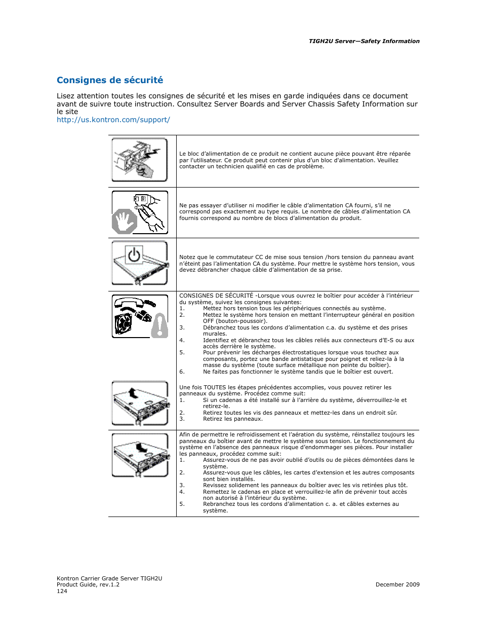 Consignes de sécurité | Kontron TIGH2U Carrier Grade Server User Manual | Page 124 / 132