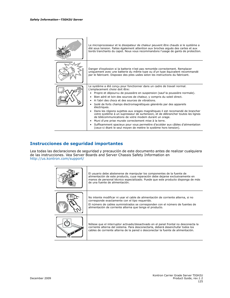 Instrucciones de seguridad importantes | Kontron TIGH2U Carrier Grade Server User Manual | Page 125 / 132