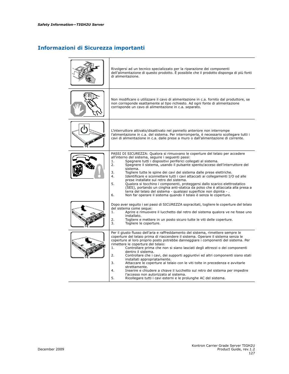 Informazioni di sicurezza importanti | Kontron TIGH2U Carrier Grade Server User Manual | Page 127 / 132