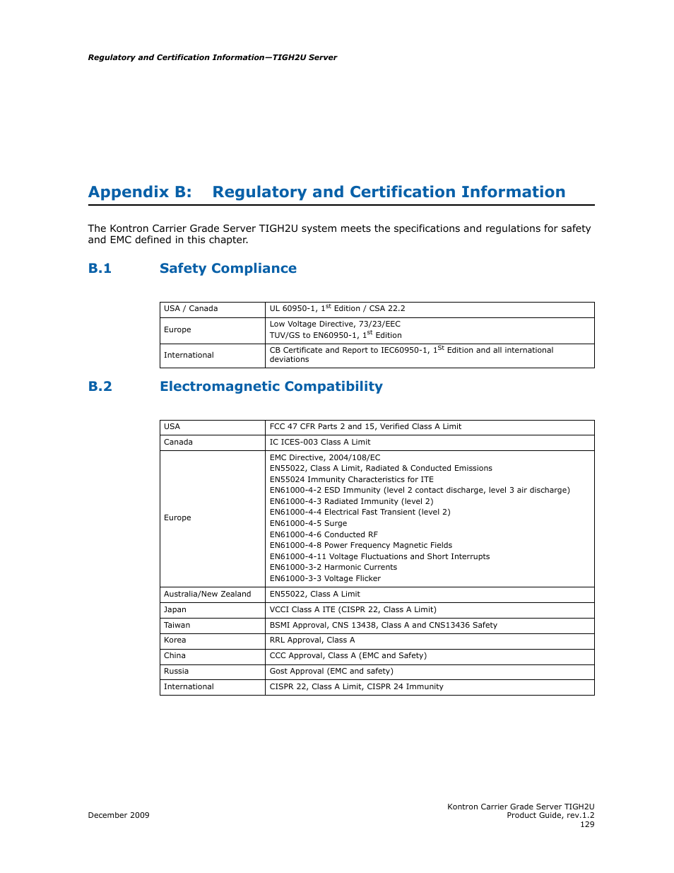 B.1 safety compliance, B.2 electromagnetic compatibility | Kontron TIGH2U Carrier Grade Server User Manual | Page 129 / 132