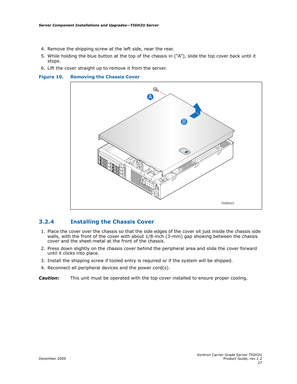 4 installing the chassis cover, Installing the chassis cover | Kontron TIGH2U Carrier Grade Server User Manual | Page 27 / 132