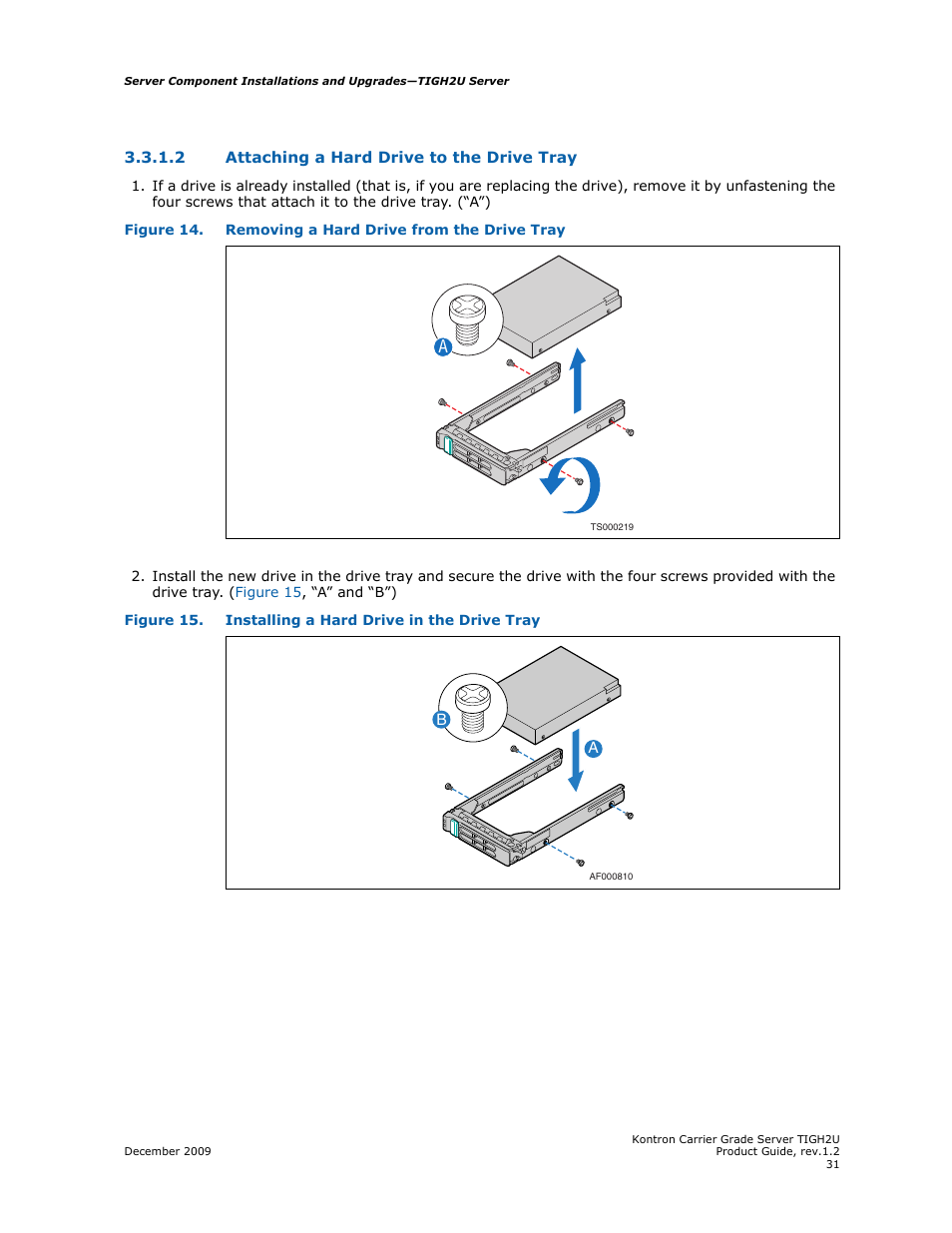 2 attaching a hard drive to the drive tray, Attaching a hard drive to the drive tray | Kontron TIGH2U Carrier Grade Server User Manual | Page 31 / 132