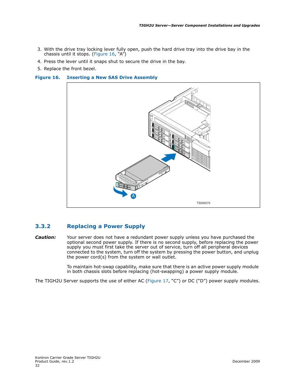 2 replacing a power supply, Replacing a power supply | Kontron TIGH2U Carrier Grade Server User Manual | Page 32 / 132