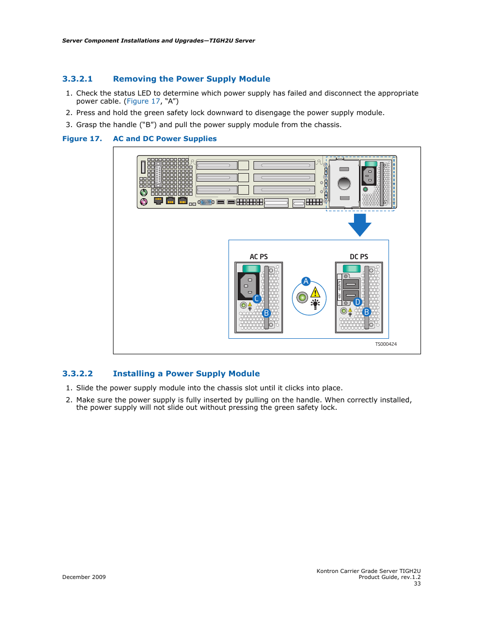 1 removing the power supply module, 2 installing a power supply module, Removing the power supply module | Installing a power supply module, Figure 17 | Kontron TIGH2U Carrier Grade Server User Manual | Page 33 / 132