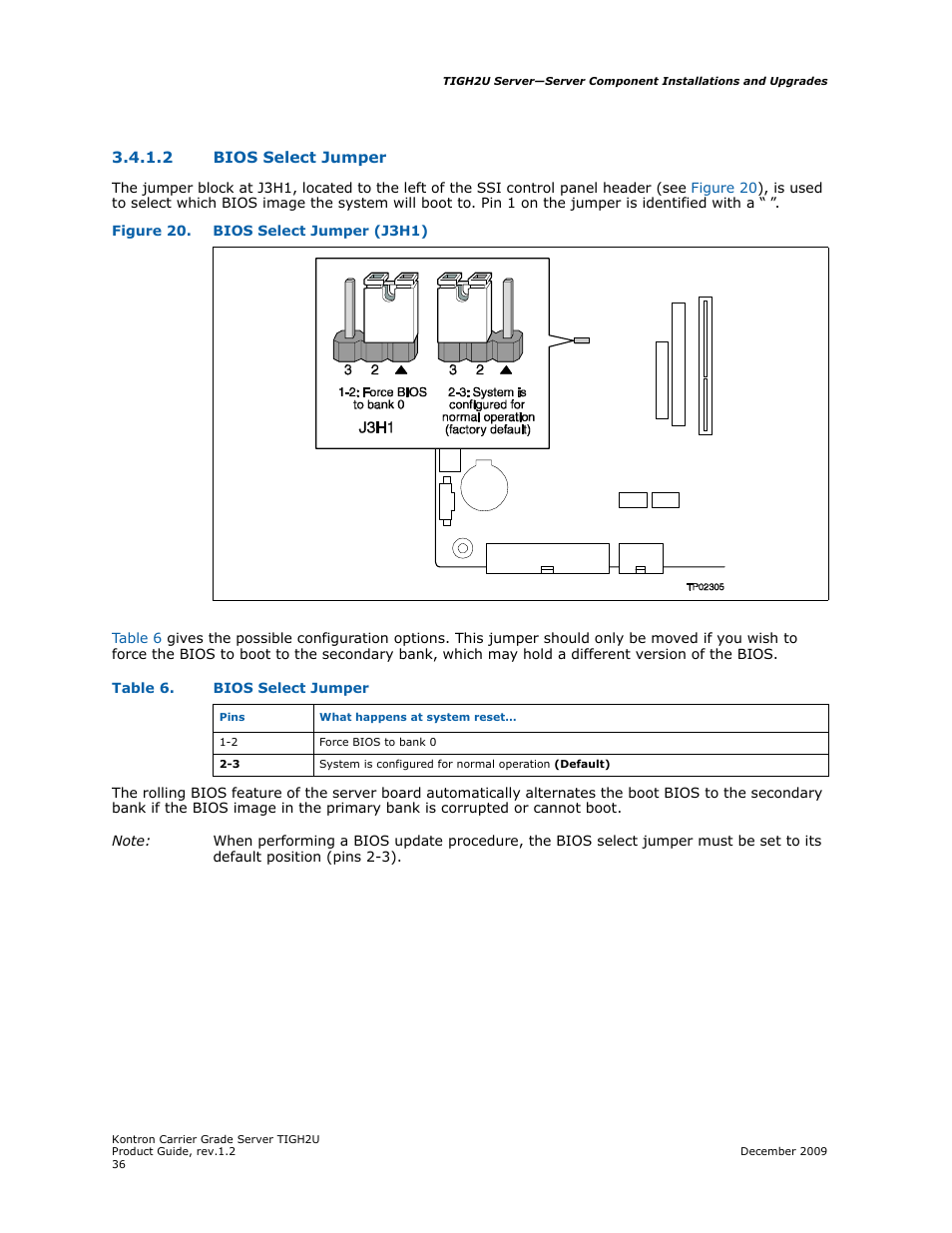 2 bios select jumper, Bios select jumper | Kontron TIGH2U Carrier Grade Server User Manual | Page 36 / 132