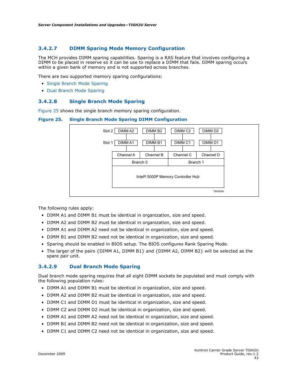 7 dimm sparing mode memory configuration, 8 single branch mode sparing, 9 dual branch mode sparing | Dimm sparing mode memory configuration, Single branch mode sparing, Dual branch mode sparing | Kontron TIGH2U Carrier Grade Server User Manual | Page 43 / 132