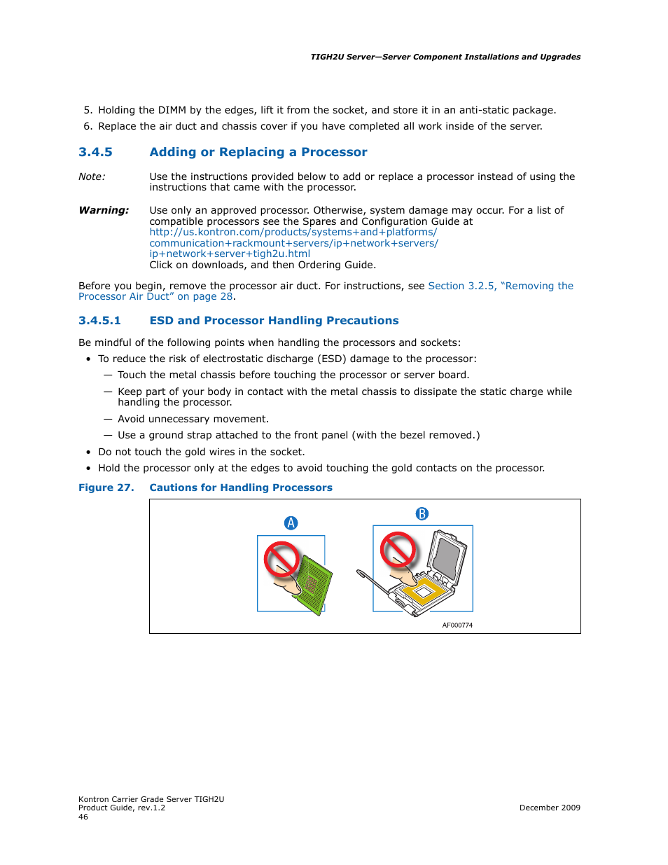 5 adding or replacing a processor, 1 esd and processor handling precautions, Adding or replacing a processor 3.4.5.1 | Esd and processor handling precautions | Kontron TIGH2U Carrier Grade Server User Manual | Page 46 / 132