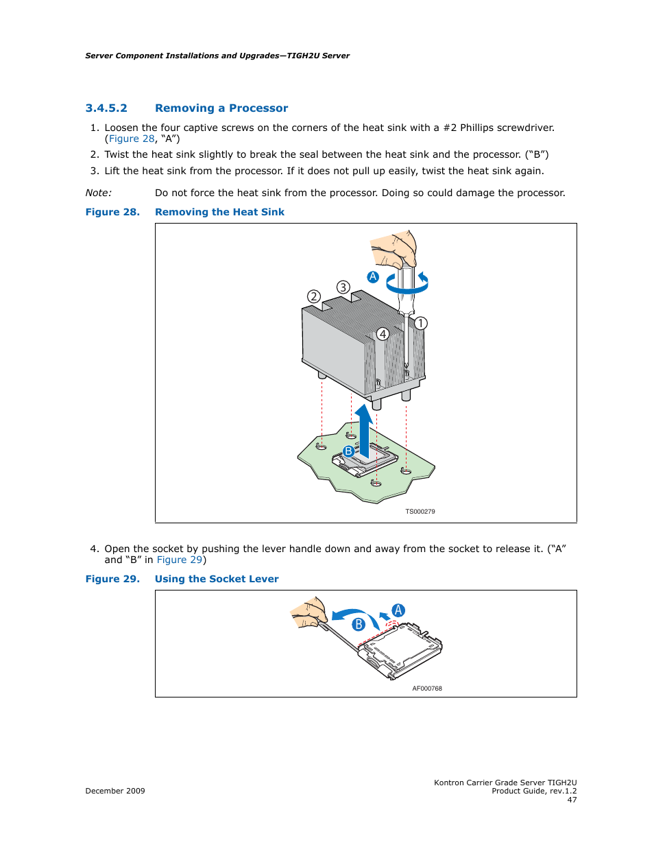 2 removing a processor, Removing a processor | Kontron TIGH2U Carrier Grade Server User Manual | Page 47 / 132