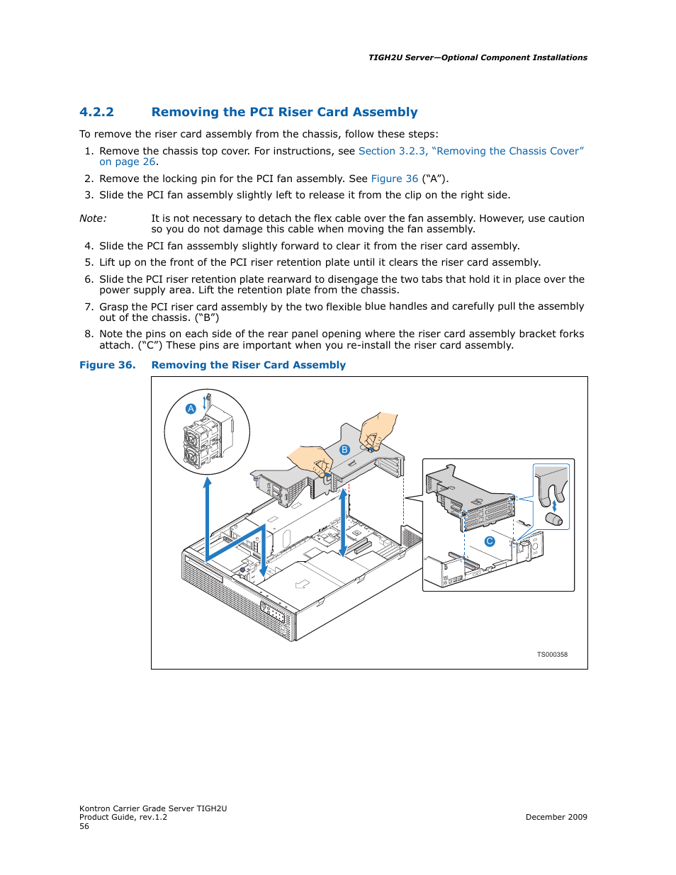 2 removing the pci riser card assembly, Removing the pci riser card assembly | Kontron TIGH2U Carrier Grade Server User Manual | Page 56 / 132