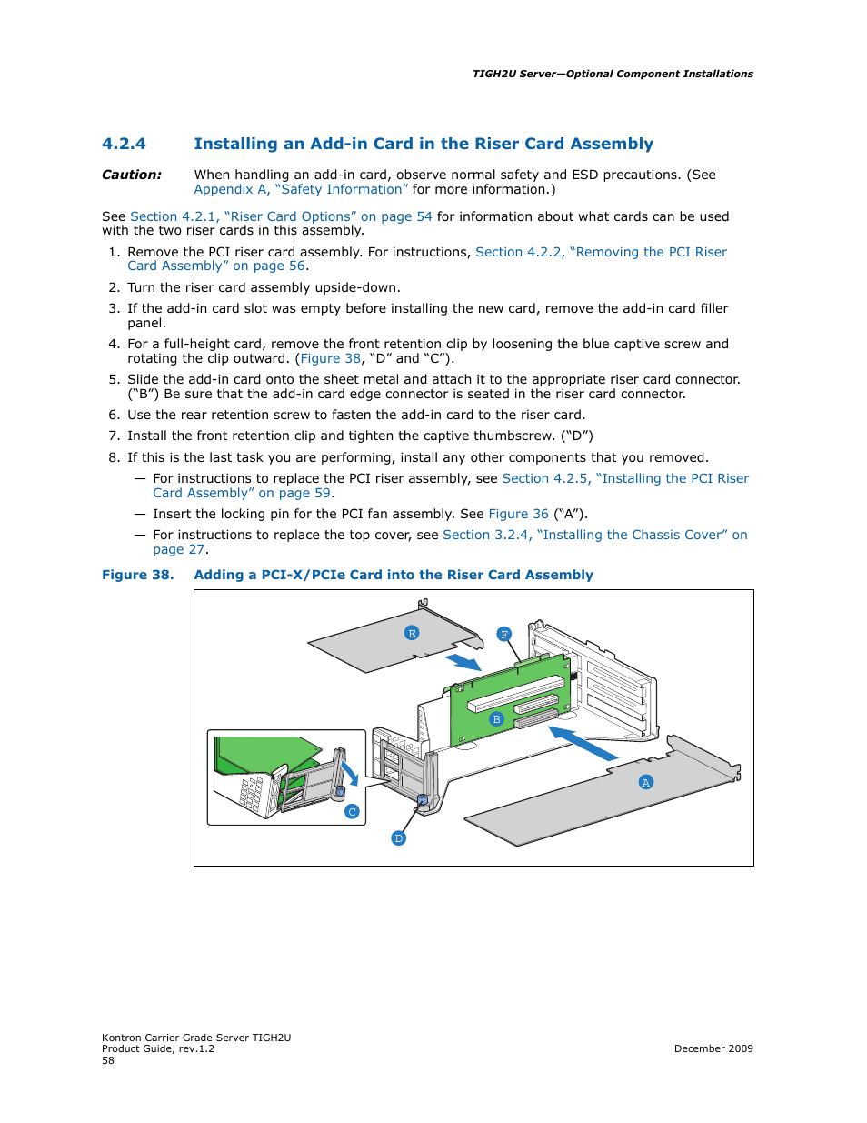 Section 4.2.4, “installing an add-in card | Kontron TIGH2U Carrier Grade Server User Manual | Page 58 / 132