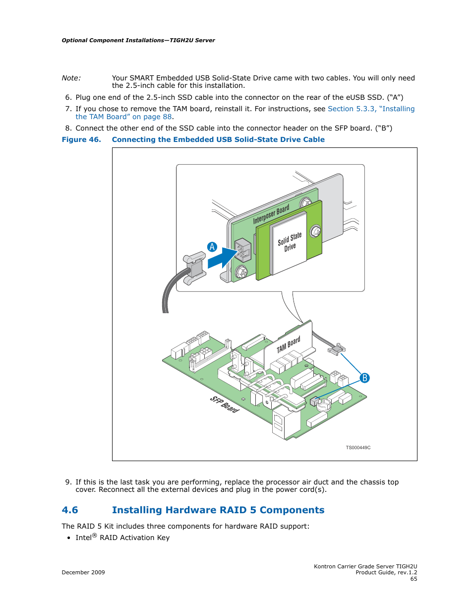 6 installing hardware raid 5 components, Installing hardware raid 5 components, Bsfp board | Kontron TIGH2U Carrier Grade Server User Manual | Page 65 / 132