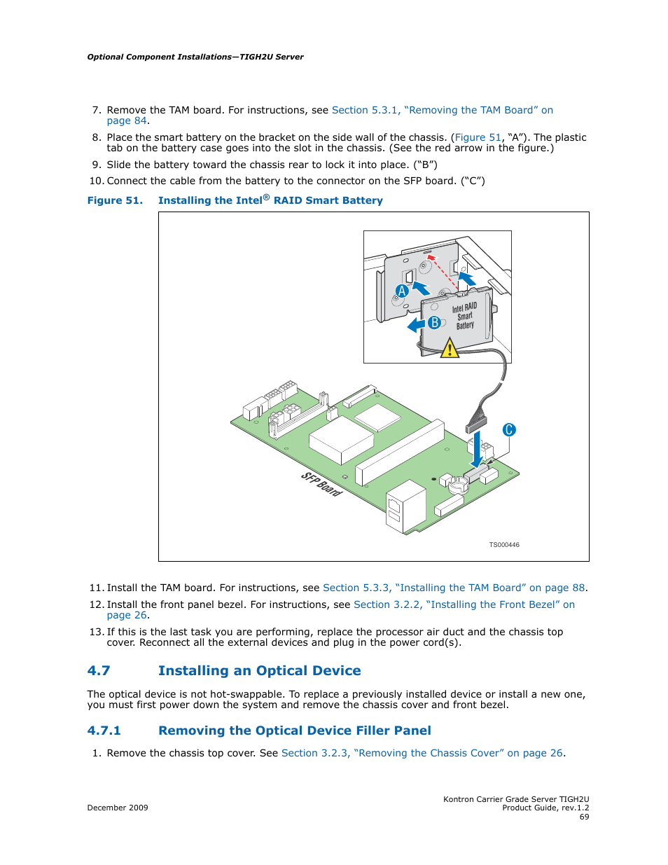 7 installing an optical device, 1 removing the optical device filler panel, Installing an optical device 4.7.1 | Removing the optical device filler panel, Sfp board a b | Kontron TIGH2U Carrier Grade Server User Manual | Page 69 / 132