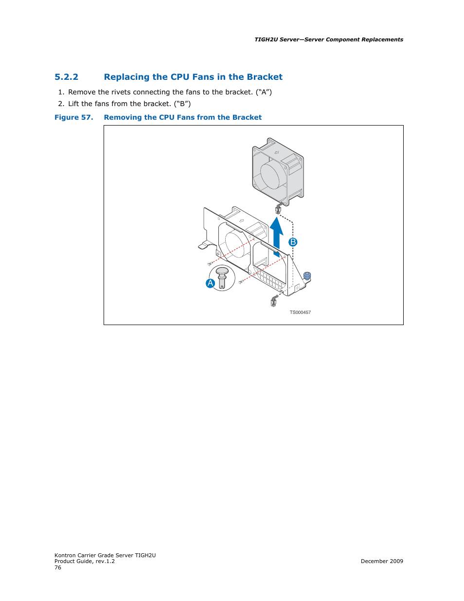 2 replacing the cpu fans in the bracket, Replacing the cpu fans in the bracket | Kontron TIGH2U Carrier Grade Server User Manual | Page 76 / 132