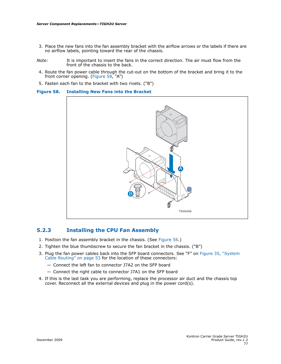 3 installing the cpu fan assembly, Installing the cpu fan assembly, Ba 5.2.3 installing the cpu fan assembly | Kontron TIGH2U Carrier Grade Server User Manual | Page 77 / 132