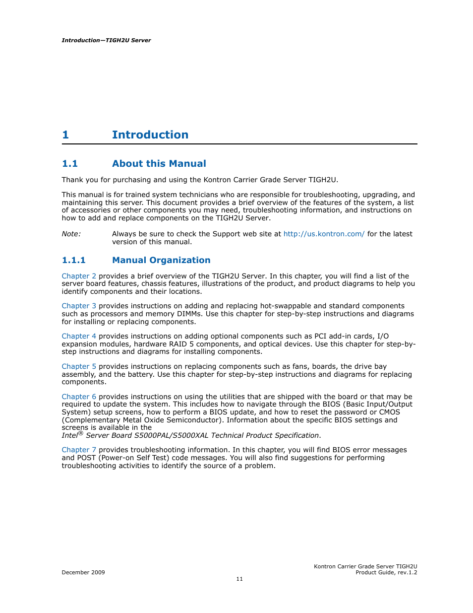 1 introduction, 1 about this manual, 1 manual organization | Introduction, About this manual 1.1.1, Manual organization, 1introduction | Kontron TIGH2U Carrier Grade Server User Manual | Page 8 / 132