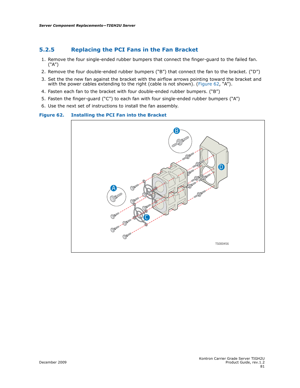 5 replacing the pci fans in the fan bracket, Replacing the pci fans in the fan bracket, Ba c d | Kontron TIGH2U Carrier Grade Server User Manual | Page 81 / 132