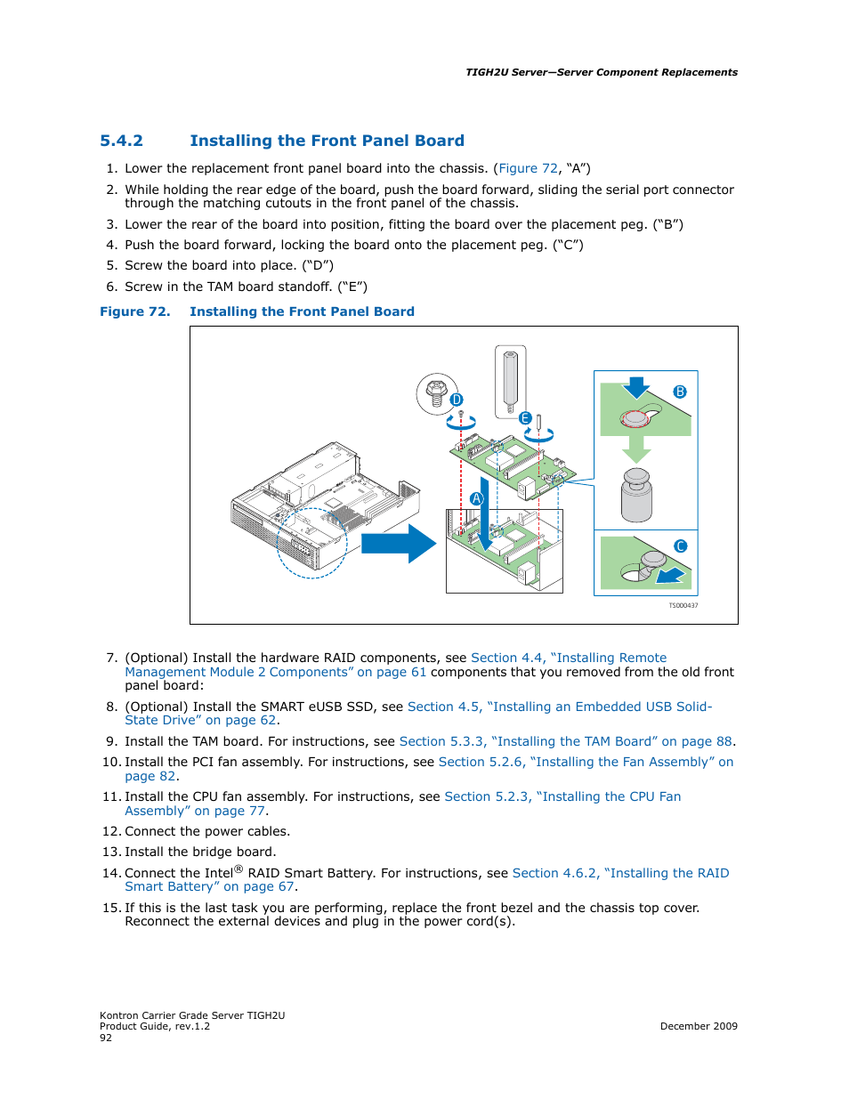 2 installing the front panel board, Installing the front panel board | Kontron TIGH2U Carrier Grade Server User Manual | Page 92 / 132