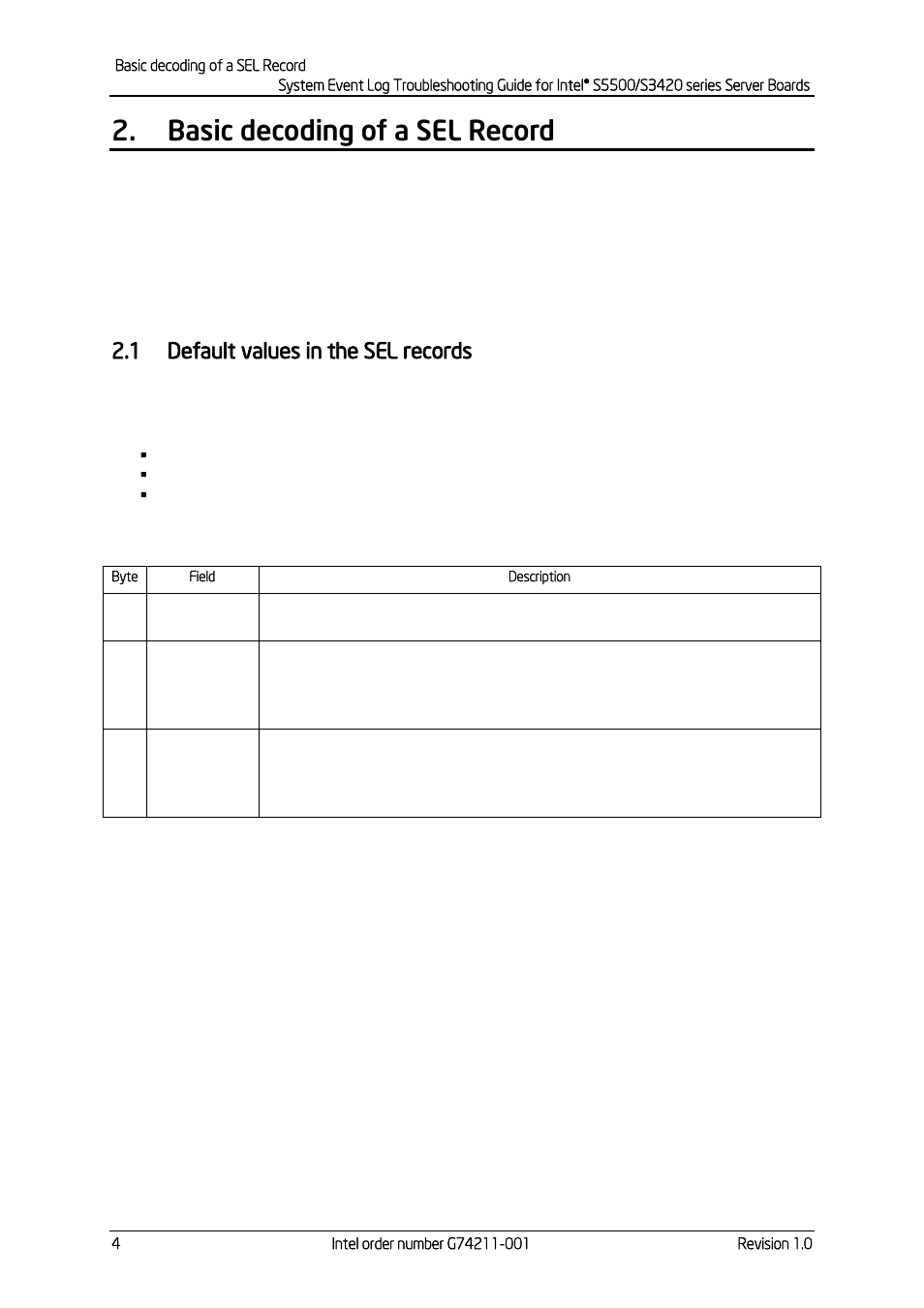 Basic decoding of a sel record, Default values in the sel records, Table 1: sel record format | 1 default values in the sel records | Kontron S5500 SEL Troubleshooting User Manual | Page 13 / 114