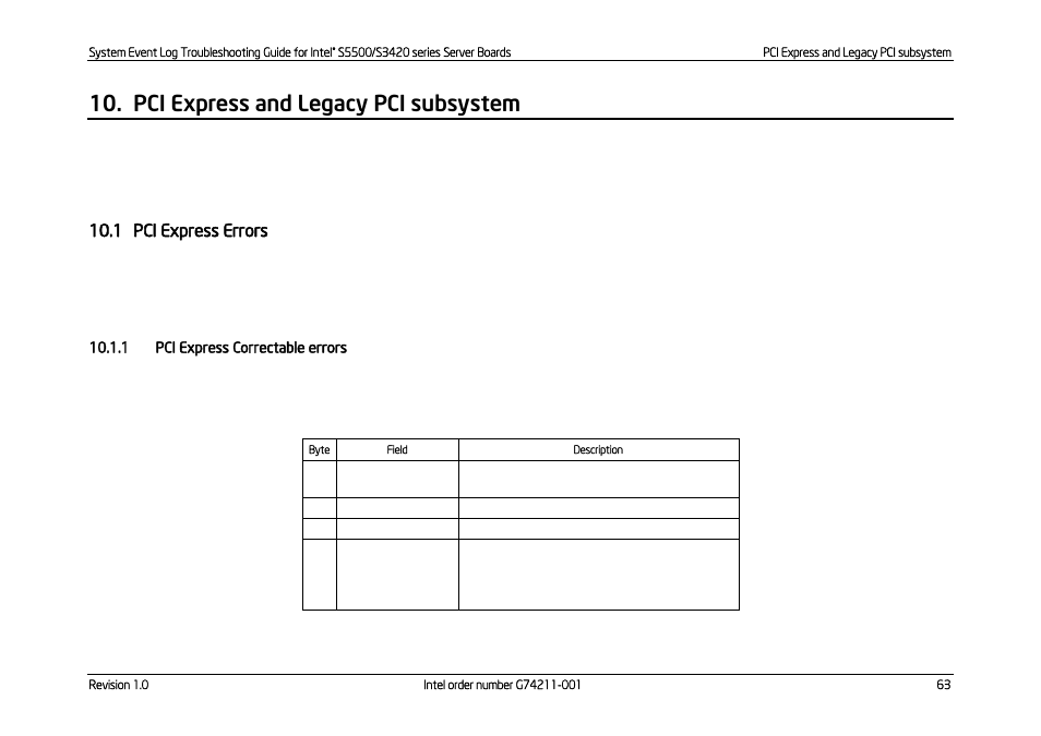 Pci express and legacy pci subsystem, Pci express errors, Pci express correctable errors | 1 pci express errors | Kontron S5500 SEL Troubleshooting User Manual | Page 72 / 114