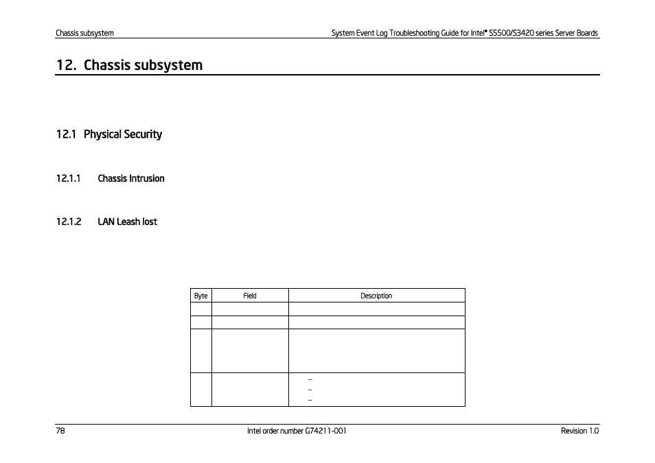 Chassis subsystem, Physical security, Chassis intrusion | Lan leash lost, 1 physical security | Kontron S5500 SEL Troubleshooting User Manual | Page 87 / 114