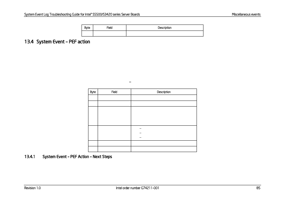 System event, Pef action, Pef action – next steps | Table 80: system event, Pef action sensor typical characteristics, 4 system event – pef action | Kontron S5500 SEL Troubleshooting User Manual | Page 94 / 114
