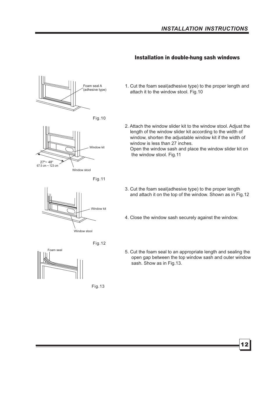 Installation instructions, Installation in double-hung sash windows 12 | Brada Appliances MPN1-08CR User Manual | Page 13 / 24