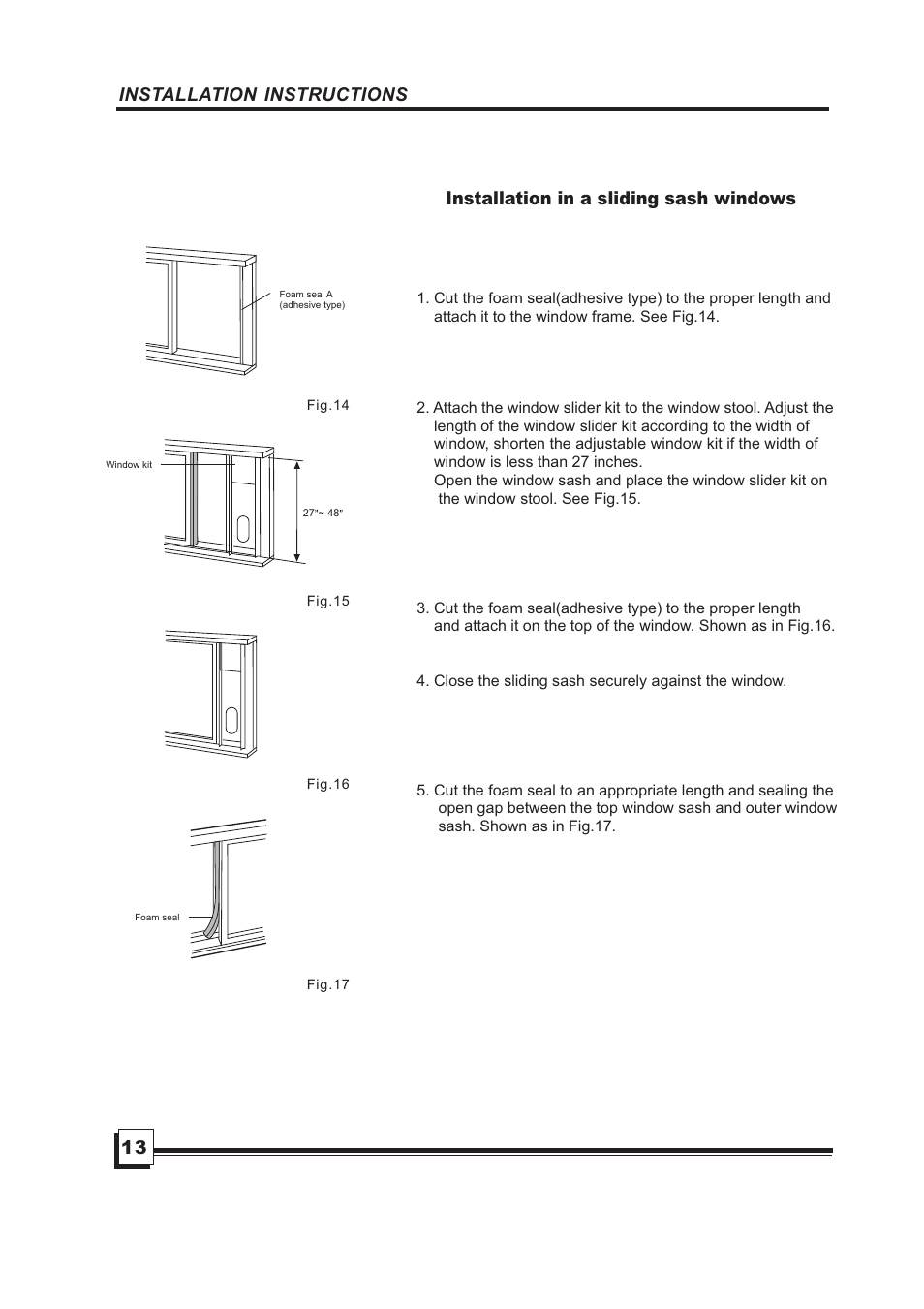 Installation instructions, Installation in a sliding sash windows 13 | Brada Appliances MPN1-08CR User Manual | Page 14 / 24
