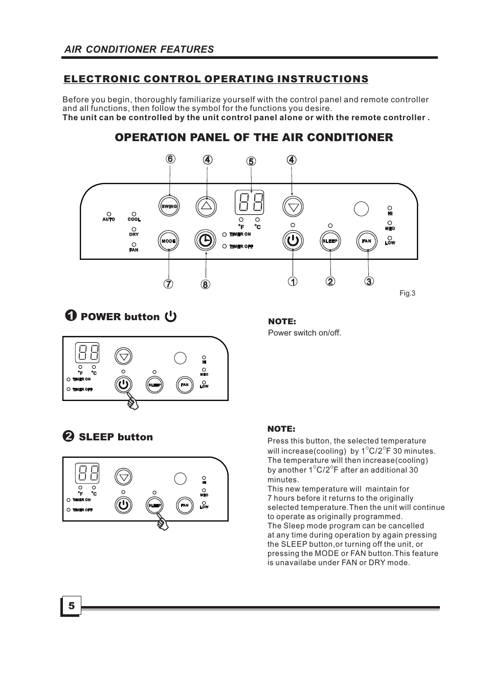 Operation panel of the air conditioner, 5air conditioner features, Electronic control operating instructions | Power button, Sleep button, C/2 f | Brada Appliances MPN1-08CR User Manual | Page 6 / 24