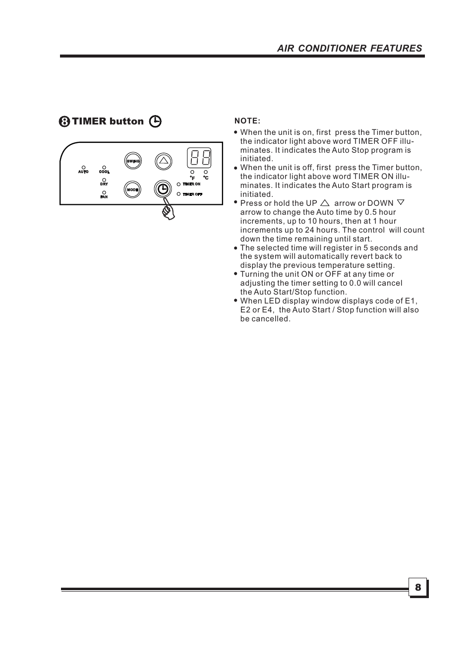 Air conditioner features, Timer button | Brada Appliances MPN1-08CR User Manual | Page 9 / 24