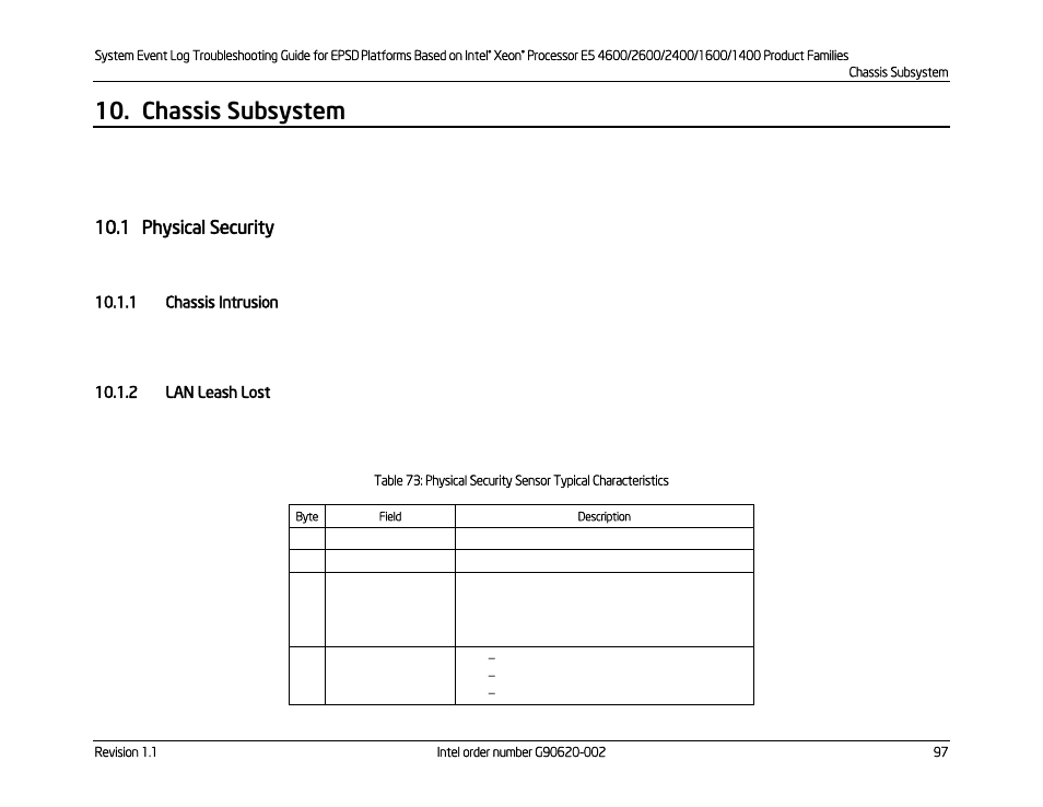 Chassis subsystem, 1 physical security, 1 chassis intrusion | 2 lan leash lost, Physical security, Chassis intrusion, Lan leash lost | Kontron S4600 SEL Troubleshooting User Manual | Page 107 / 141