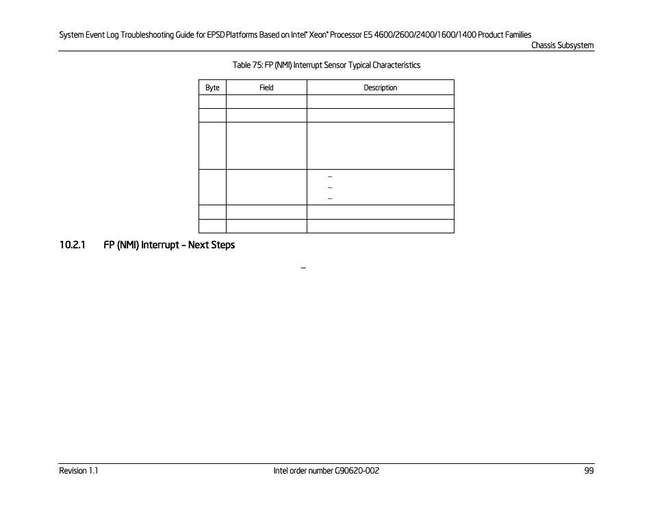 1 fp (nmi) interrupt – next steps, Fp (nmi) interrupt, Next steps | Kontron S4600 SEL Troubleshooting User Manual | Page 109 / 141