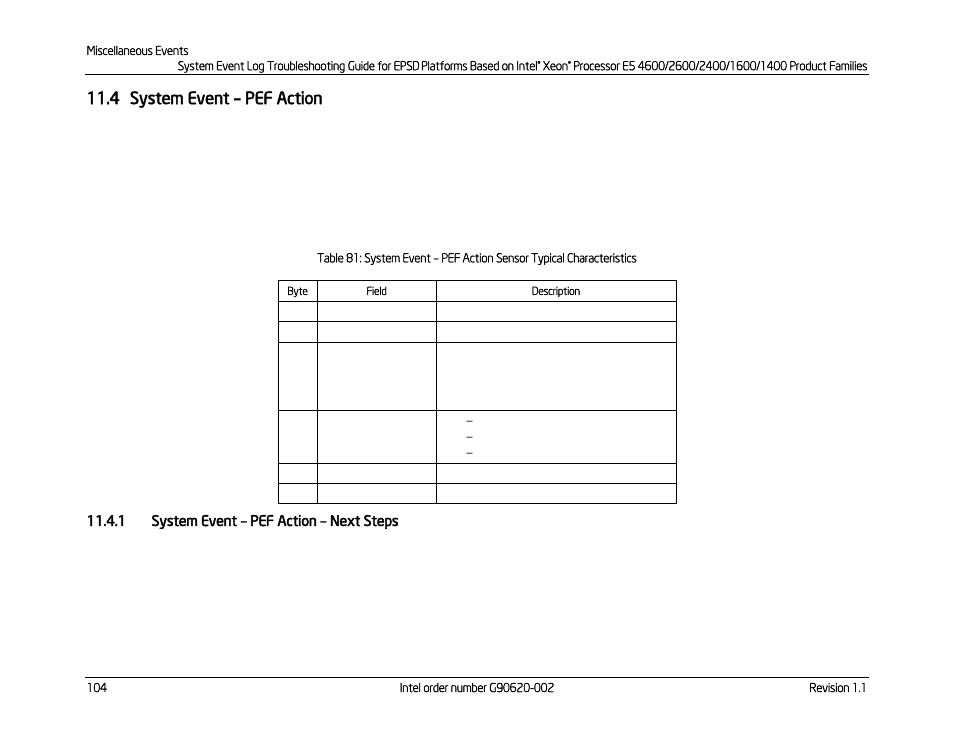 4 system event – pef action, 1 system event – pef action – next steps, System event | Pef action, Pef action – next steps, Table 81: system event, Pef action sensor typical characteristics | Kontron S4600 SEL Troubleshooting User Manual | Page 114 / 141