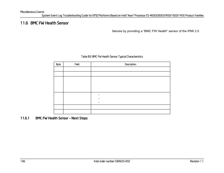 6 bmc fw health sensor, 1 bmc fw health sensor – next steps, Bmc fw health sensor | Next steps | Kontron S4600 SEL Troubleshooting User Manual | Page 116 / 141