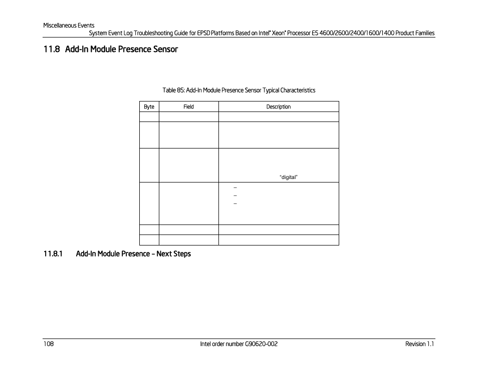 8 add-in module presence sensor, 1 add-in module presence – next steps, Add-in module presence sensor | Add-in module presence, Next steps | Kontron S4600 SEL Troubleshooting User Manual | Page 118 / 141