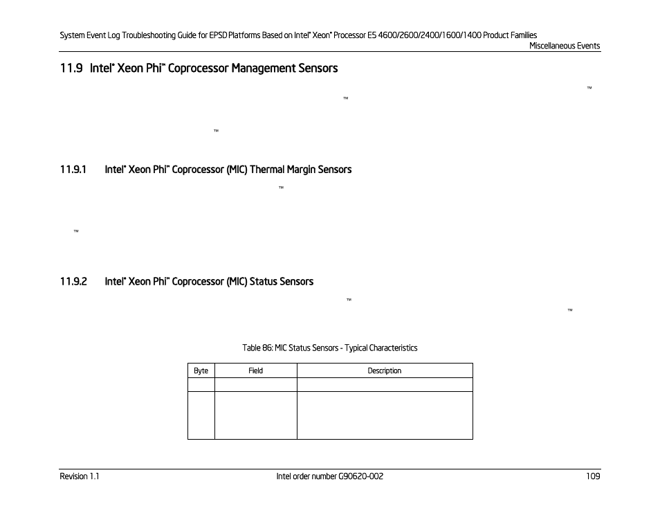 9 intel® xeon phi™ coprocessor management sensors, Intel, Xeon phi | Coprocessor management sensors, Coprocessor (mic) thermal margin sensors, Coprocessor (mic) status sensors, Coprocessor, Mic) status sensors, Mic) thermal margin sensors, 9 intel | Kontron S4600 SEL Troubleshooting User Manual | Page 119 / 141