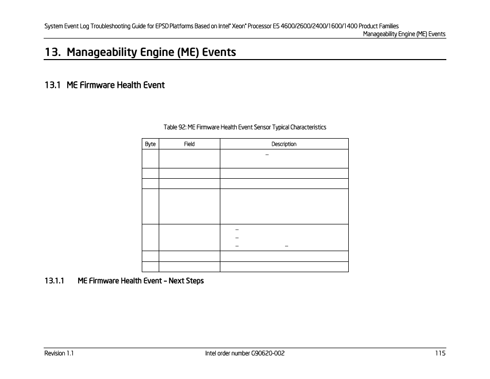 Manageability engine (me) events, 1 me firmware health event, 1 me firmware health event – next steps | Me firmware health event, Next steps | Kontron S4600 SEL Troubleshooting User Manual | Page 125 / 141