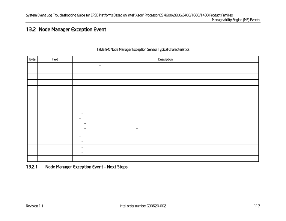 2 node manager exception event, 1 node manager exception event – next steps, Node manager exception event | Next steps | Kontron S4600 SEL Troubleshooting User Manual | Page 127 / 141