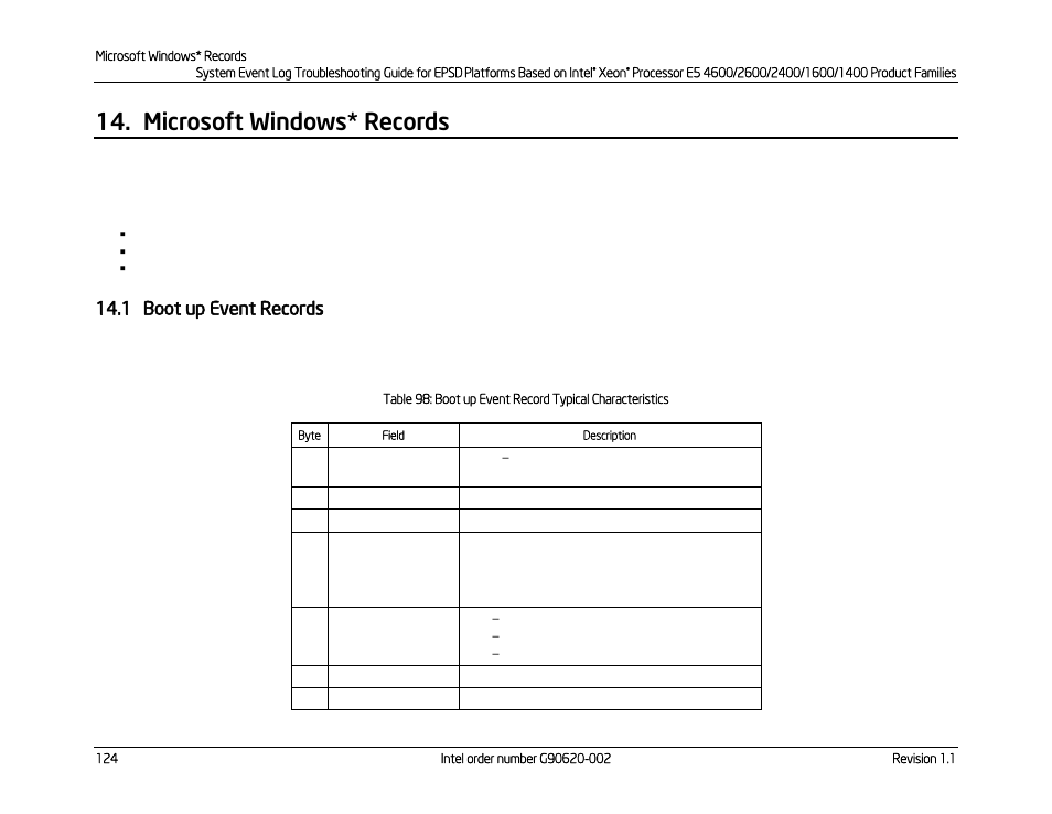 Microsoft windows* records, 1 boot up event records, Boot up event records | Kontron S4600 SEL Troubleshooting User Manual | Page 134 / 141