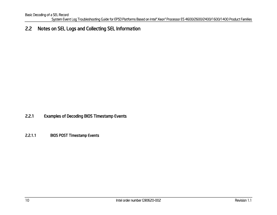 2 notes on sel logs and collecting sel information, 1 examples of decoding bios timestamp events, 1 bios post timestamp events | Notes on sel logs and collecting sel information, Examples of decoding bios timestamp events | Kontron S4600 SEL Troubleshooting User Manual | Page 20 / 141