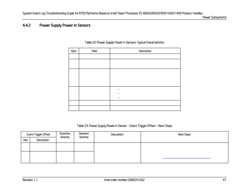 2 power supply power in sensors, Power supply power in sensors, Table 23: power supply power in sensor | Event trigger offset – next steps, Event trigger offset – next, Steps | Kontron S4600 SEL Troubleshooting User Manual | Page 51 / 141