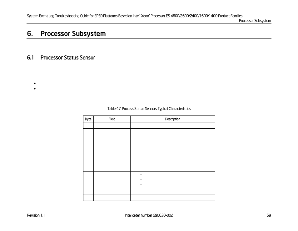 Processor subsystem, 1 processor status sensor, Processor status sensor | Kontron S4600 SEL Troubleshooting User Manual | Page 69 / 141