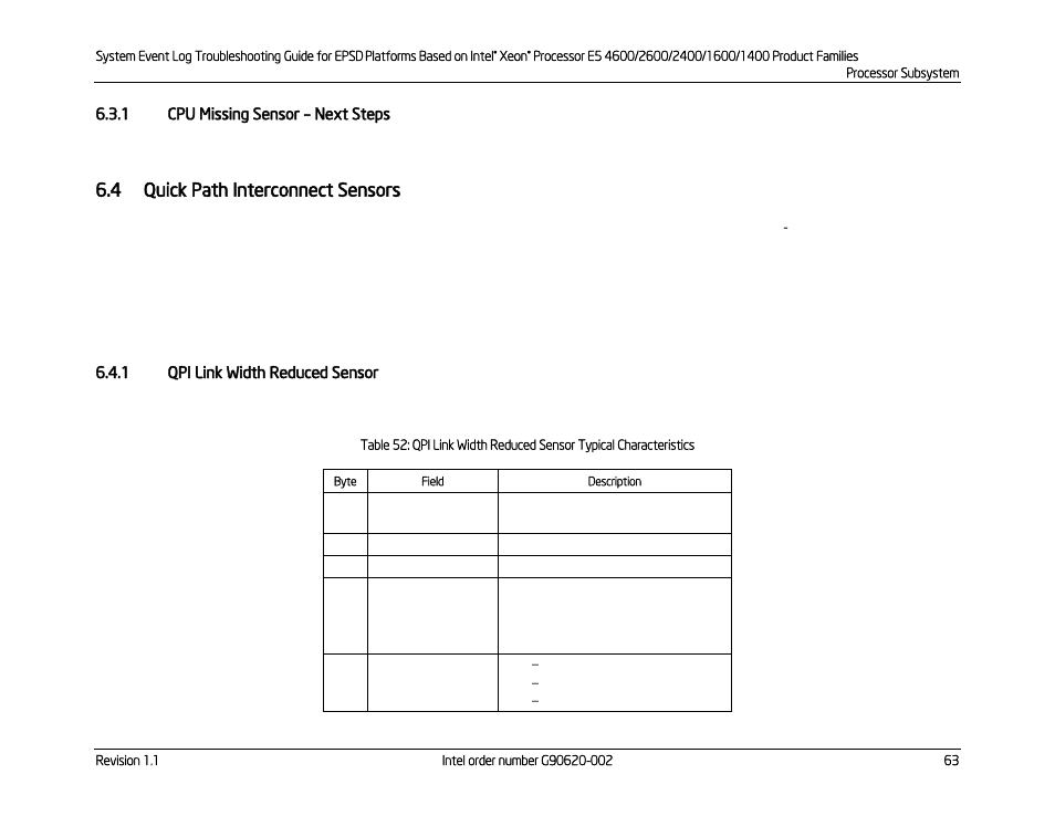 1 cpu missing sensor – next steps, 4 quick path interconnect sensors, 1 qpi link width reduced sensor | Cpu missing sensor, Next steps, Quick path interconnect sensors, Qpi link width reduced sensor | Kontron S4600 SEL Troubleshooting User Manual | Page 73 / 141