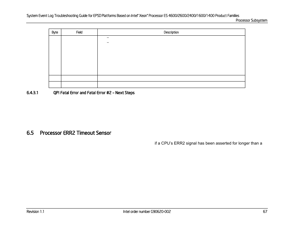 1 qpi fatal error and fatal error #2 – next steps, 5 processor err2 timeout sensor, Processor err2 timeout sensor | Qpi fatal error and fatal error #2, Next steps | Kontron S4600 SEL Troubleshooting User Manual | Page 77 / 141