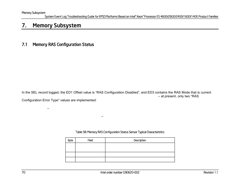 Memory subsystem, 1 memory ras configuration status, Memory ras configuration status | Kontron S4600 SEL Troubleshooting User Manual | Page 80 / 141