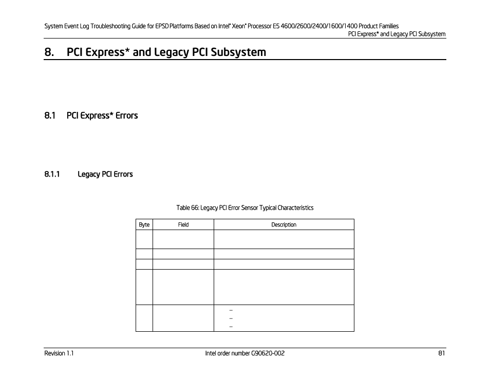 Pci express* and legacy pci subsystem, 1 pci express* errors, 1 legacy pci errors | Pci express* errors, Legacy pci errors | Kontron S4600 SEL Troubleshooting User Manual | Page 91 / 141