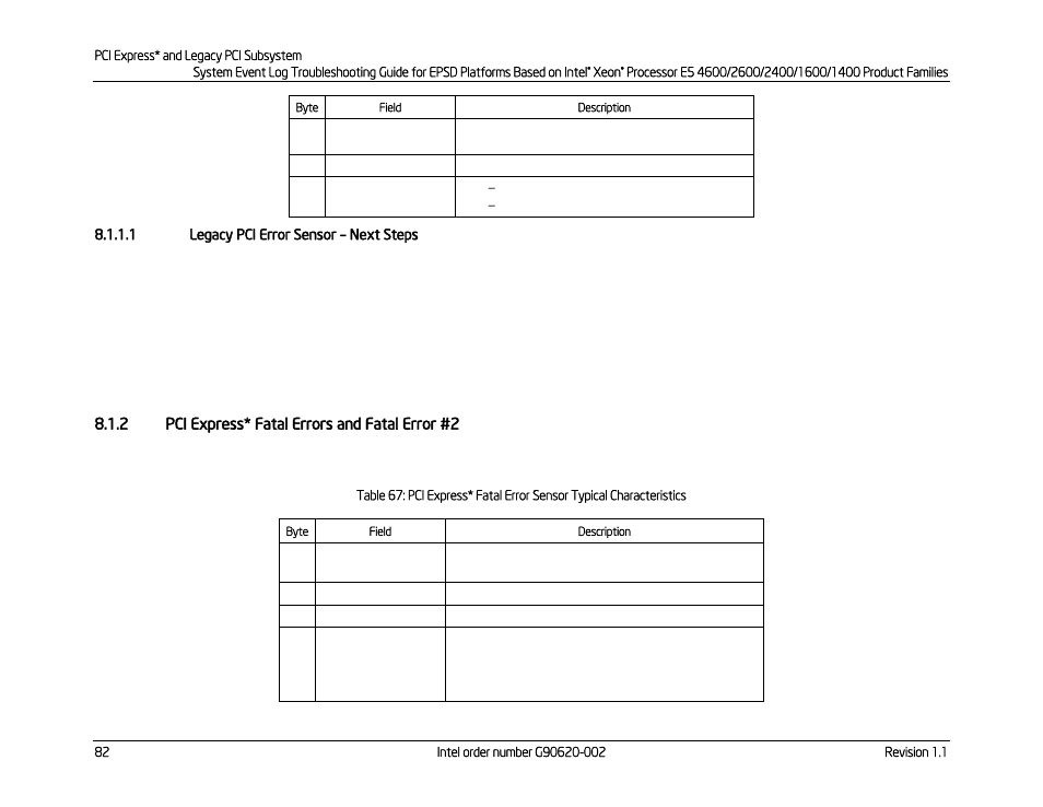 1 legacy pci error sensor – next steps, 2 pci express* fatal errors and fatal error #2, Pci express* fatal errors and fatal error #2 | Legacy pci error sensor, Next steps | Kontron S4600 SEL Troubleshooting User Manual | Page 92 / 141